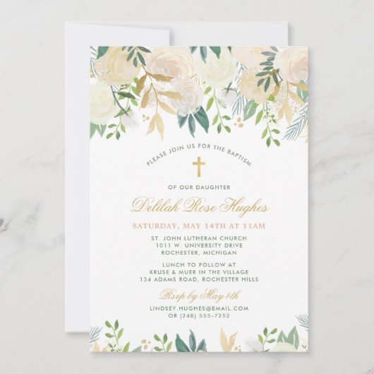 Blush Goud En Groen Bloemen Baby Meisje Dop Kaart (Voorkant)