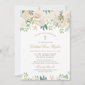 Blush Goud en Groen Bloemen Meisje Eerste Communie Kaart (Voorkant)