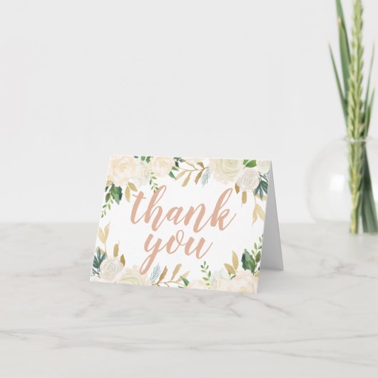 Blush Goud en Groene Bloem Bruiloft Script Bedankkaart (Voorkant)