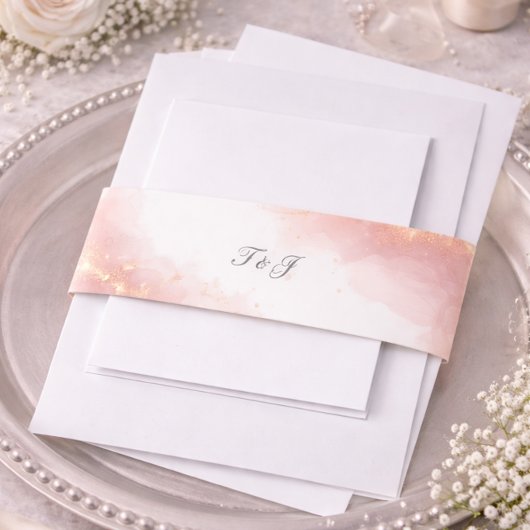 Blush Goud Glans Romantische Trouw Monogram Uitnodigingen Wikkel