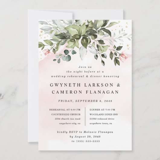 Blush Goud Groen Stoffig Blauw Repetitie Diner Kaart (Voorkant)