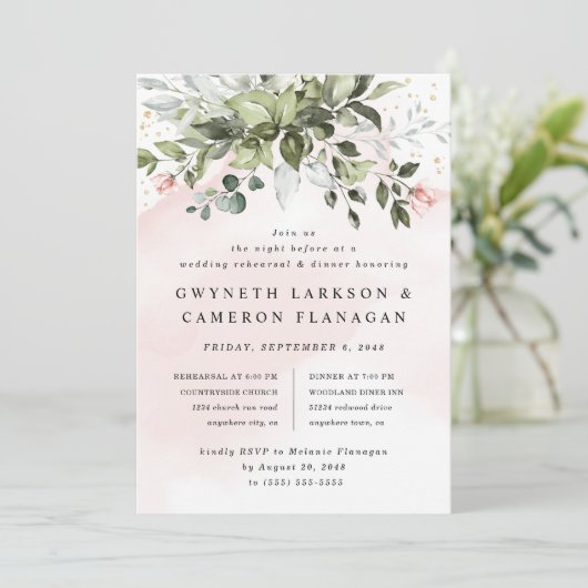 Blush Goud Groen Stoffig Blauw Repetitie Diner Kaart (Staand voorkant)