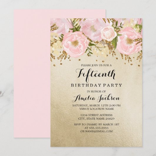 Blush Goud Roze Bloemen 15e Verjaardag Kaart (Voorkant / Achterkant)