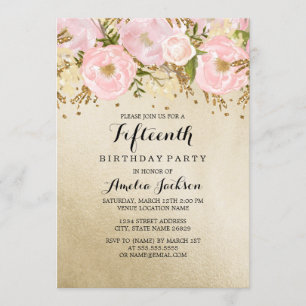 Blush Goud Roze Bloemen 15e Verjaardag Kaart