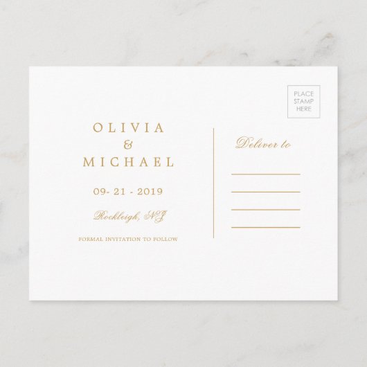 Blush goudelegant kalligrafie bespaart de datum aankondigingskaart (Achterkant)