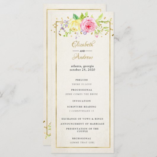 Blush Gouden Bloem Moderne Trouwceremonie Programm Programmakaart (Voorkant / Achterkant)