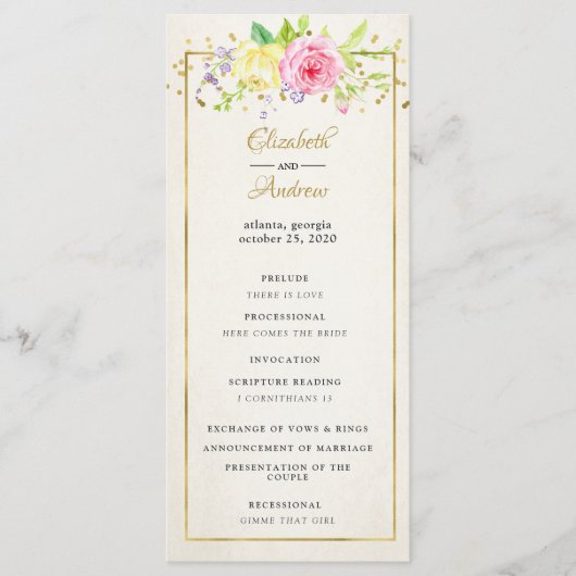 Blush Gouden Bloem Moderne Trouwceremonie Programm Programmakaart (Voorkant)