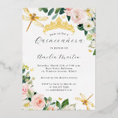 Blush Gouden Bloemen Dragonfly Quinceanera Folie Uitnodiging (Voorkant)