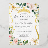 Blush Gouden Bloemen Dragonfly Scroll Quinceanera Folie Uitnodiging (Voorkant)