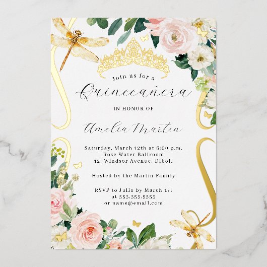 Blush Gouden Bloemen Dragonfly Scroll Quinceanera Folie Uitnodiging (Voorkant)