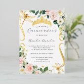 Blush Gouden Bloemen Dragonfly Scroll Quinceanera Folie Uitnodiging (Staand Voorkant)