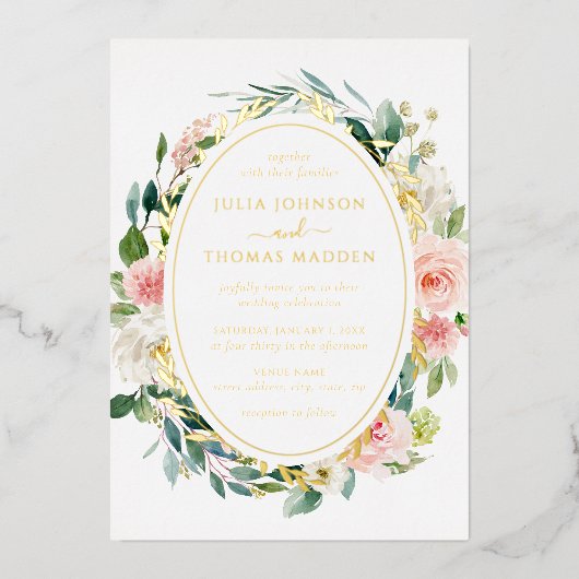 Blush gouden bloemen gebladerte bruiloft folie uitnodiging (Voorkant)