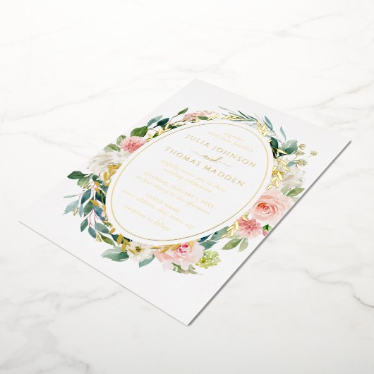 Blush gouden bloemen gebladerte bruiloft folie uitnodiging (Gedraaid)