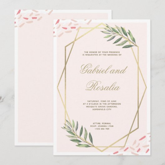 Blush Gouden Bloemen Geometrische Bruiloft Kaart (Voorkant / Achterkant)