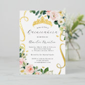 Blush Gouden Bloemen Scroll Quinceanera Folie Uitnodiging (Staand Voorkant)