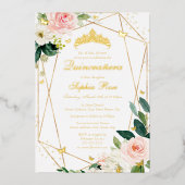Blush Gouden Bloemen Vlinder Quinceanera Folie Uitnodiging (Voorkant)