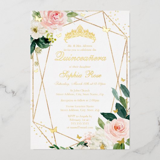 Blush Gouden Bloemen Vlinder Quinceanera Folie Uitnodiging (Voorkant)