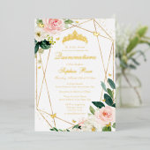 Blush Gouden Bloemen Vlinder Quinceanera Folie Uitnodiging (Staand Voorkant)