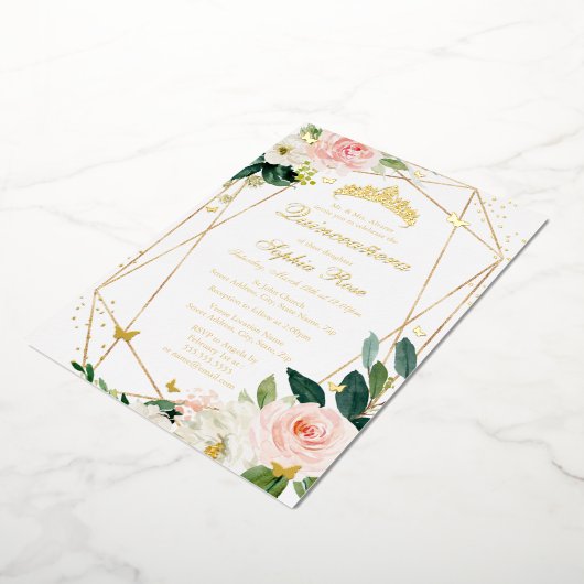 Blush Gouden Bloemen Vlinder Quinceanera Folie Uitnodiging (Gedraaid)
