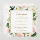 Blush Gouden Bloemen Waterverf Quinceanera Invite Kaart (Voorkant / Achterkant)