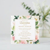 Blush Gouden Bloemen Waterverf Quinceanera Invite Kaart (Staand voorkant)