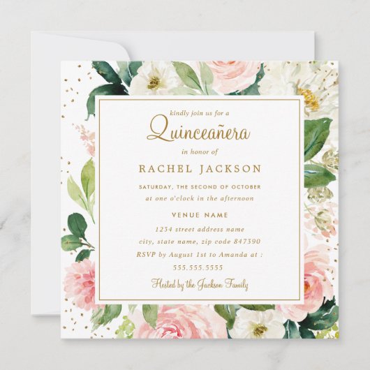 Blush Gouden Bloemen Waterverf Quinceanera Invite Kaart (Voorkant)