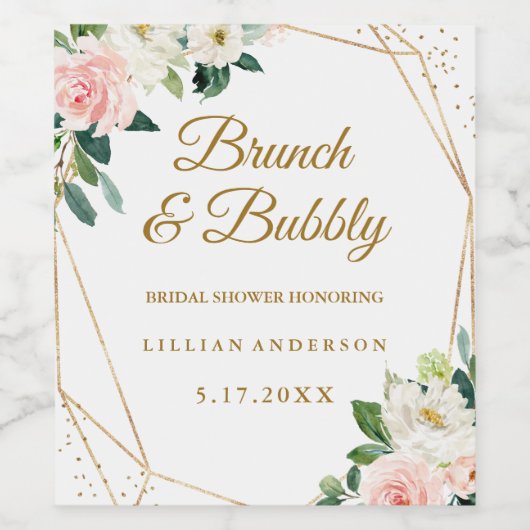 Blush gouden bloemenbrunch en bubbels wijn etiket (Enkel label)