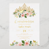 Blush Gouden Bloemenvlinder Tiara Quinceanera 15e Folie Uitnodiging (Voorkant)
