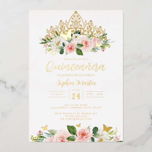 Blush Gouden Bloemenvlinder Tiara Quinceanera 15e Folie Uitnodiging (Voorkant)