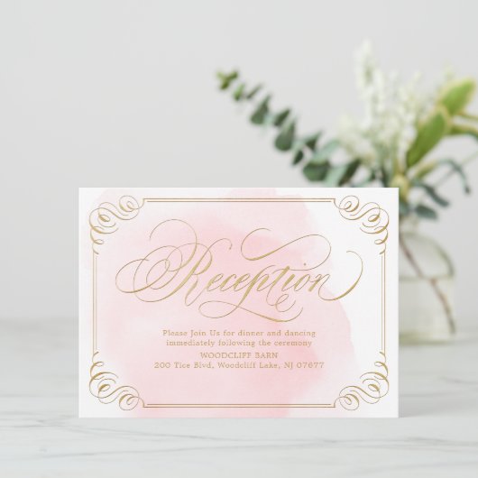 Blush gouden elegante  calligrafie receptie kaart (Staand voorkant)