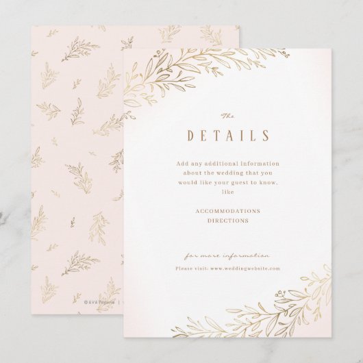 Blush gouden gelaagde botanische trouwdetails informatiekaartje (Voorkant / Achterkant)