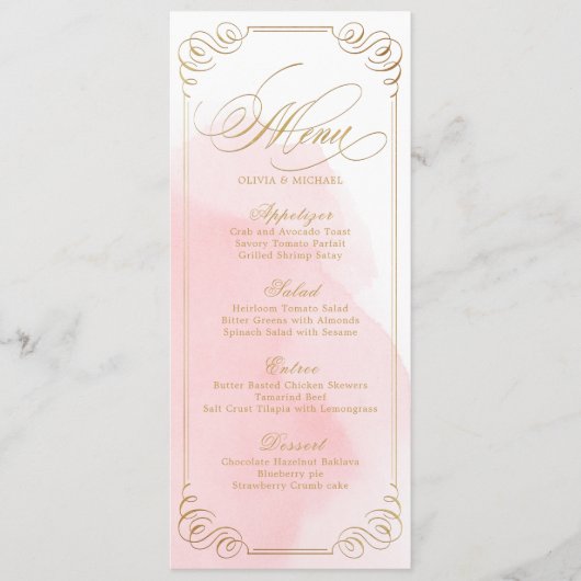 Blush gouden kalligrafie vintage bruiloft menu (Voorkant)