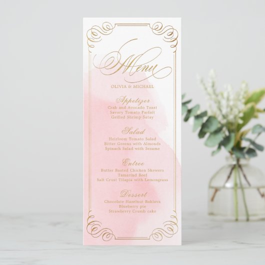 Blush gouden kalligrafie vintage bruiloft menu (Staand voorkant)