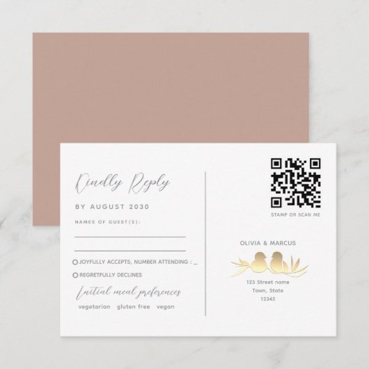 Blush Gouden Liefdesvogels QR-code RSVP Kaartje (Voorkant / Achterkant)