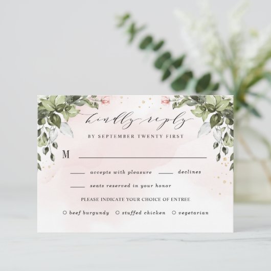 Blush Gouden Maaltijd Keuze Groen Stoffig Blauw Br RSVP Kaartje (Staand voorkant)