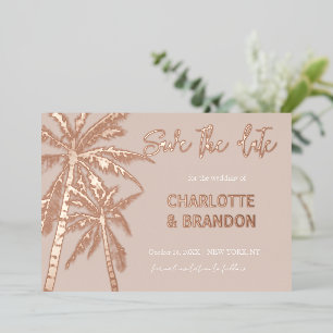Blush Gouden Palm Bomen Strand Bruiloft Save The D Folie Uitnodiging