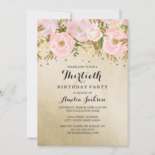 Blush Gouden Roze Bloemen 30e Verjaardag Kaart (Voorkant)