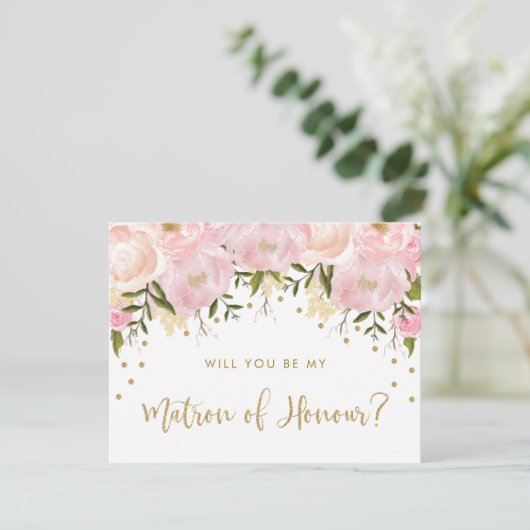 Blush gouden roze bloemen zijn mijn matron van eer kaart (Staand voorkant)