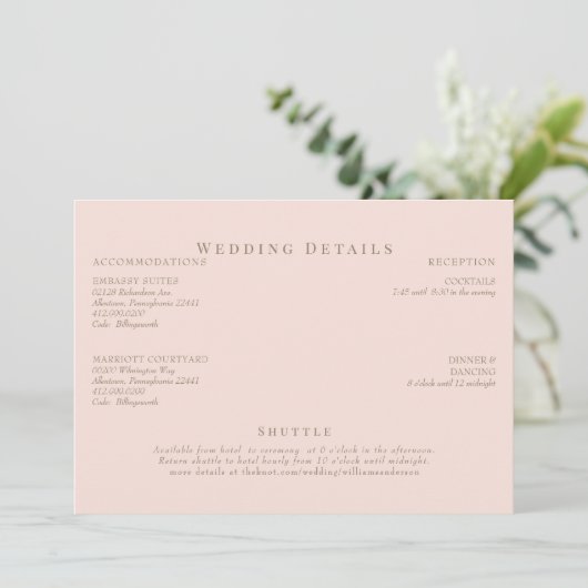 Blush & gouden tekst bruiloft details kaart (Staand voorkant)