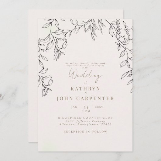 Blush Gouden Tekst Foliage Bruid Ouders Bruiloft Kaart (Voorkant / Achterkant)