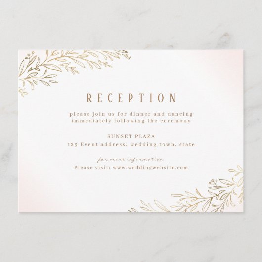 Blush gouden vergulde botanische bruiloft receptie informatiekaartje (Voorkant)