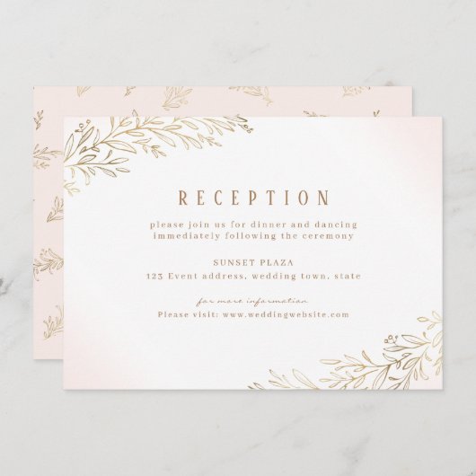 Blush gouden vergulde botanische bruiloft receptie informatiekaartje (Voorkant / Achterkant)