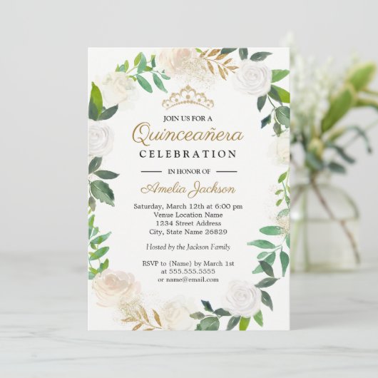 Blush gouden Waterverf krans Quinceanera 15e Kaart (Staand voorkant)