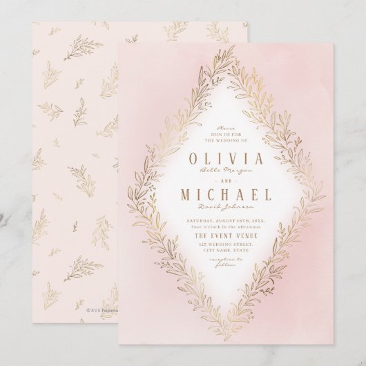 Blush goudgelige botanische elegante bruiloft kaart (Voorkant / Achterkant)