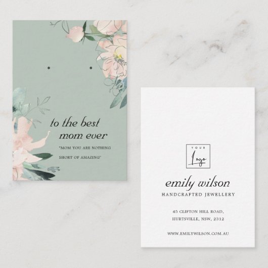 BLUSH GRAY FLORAL MOM GIFT EARRING DISPLAY CARD PLAATSKAARTJE (Voorkant / Achterkant)