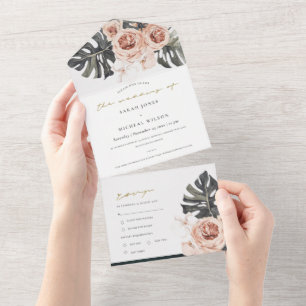 BLUSH GRAY FLORAL WREATH MONSTRERA LEAF WEDDING AL ALL IN ONE UITNODIGING