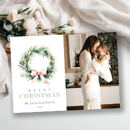 Blush Green Christmas Krans Waterverf Foto Feestdagenkaart