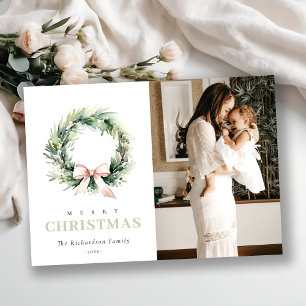 Blush Green Christmas Krans Waterverf Foto Feestdagenkaart