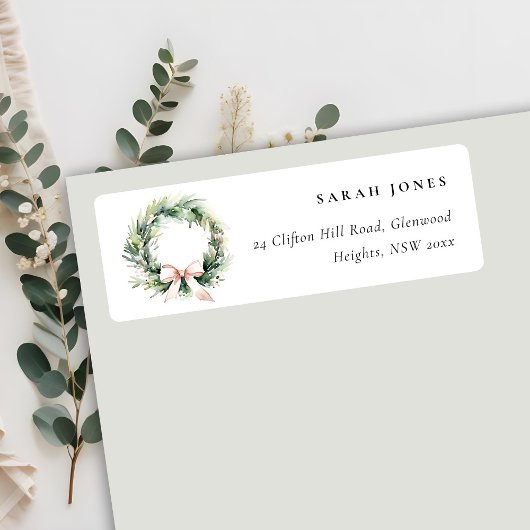 Blush Green Christmas Wreath Waterverf Adres Etiket