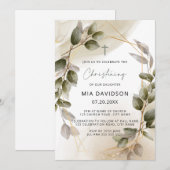 Blush Green & Gold Waterverf Leaves Christening Kaart (Voorkant / Achterkant)